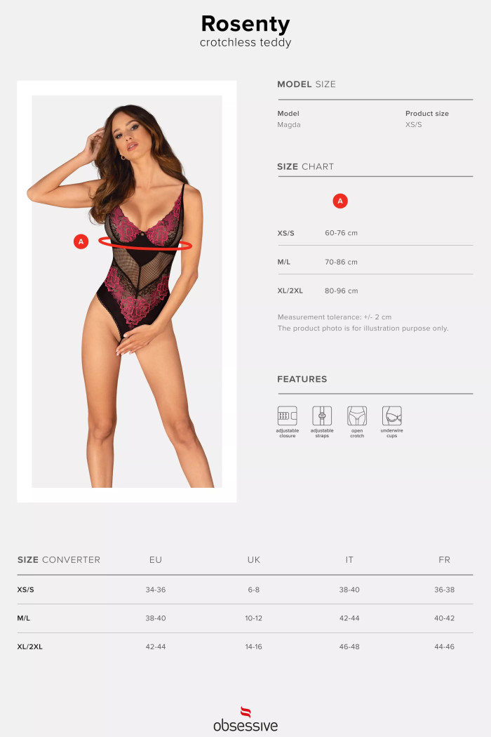 Боди кружевное с вырезом Obsessive Rosenty otwarte