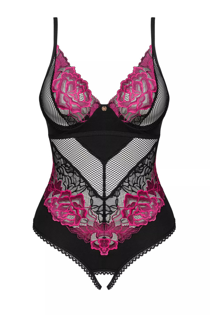 Боди кружевное с вырезом Obsessive Rosenty otwarte