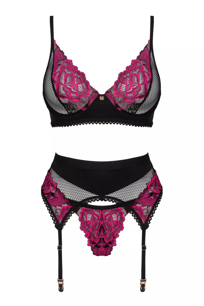 Комплект білизни мереживний з поясом Obsessive Rosenty garter belt set