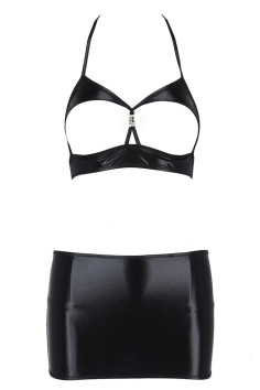 Комплект латексний з відкритим бюстом і спідницею Passion Vicky 2