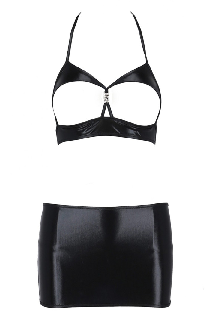 Комплект латексний з відкритим бюстом і спідницею Passion Vicky