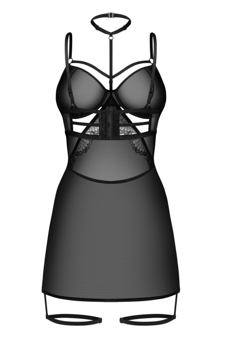 Сорочка прозора з трусиками та гартерами Obsessive Arrowel Chemise Black  — купити в InSecret.ua
