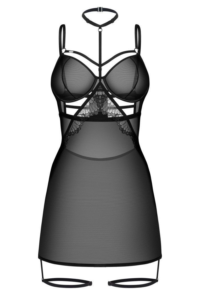 Сорочка прозора з гартерами Obsessive Arrowel Chemise Black  — купити в InSecret.ua