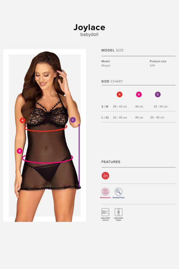 Прозорий бебідолл з відкритою спинкою Obsessive Joylace Babydoll