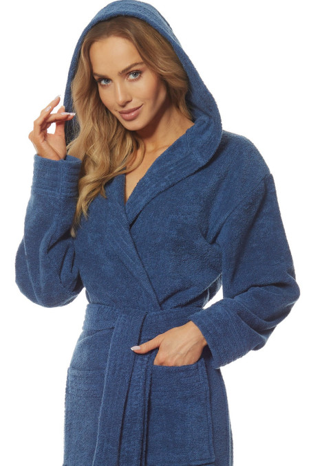 Жіночий довгий махровий халат з капюшоном L&L 2102 Frotte Navy