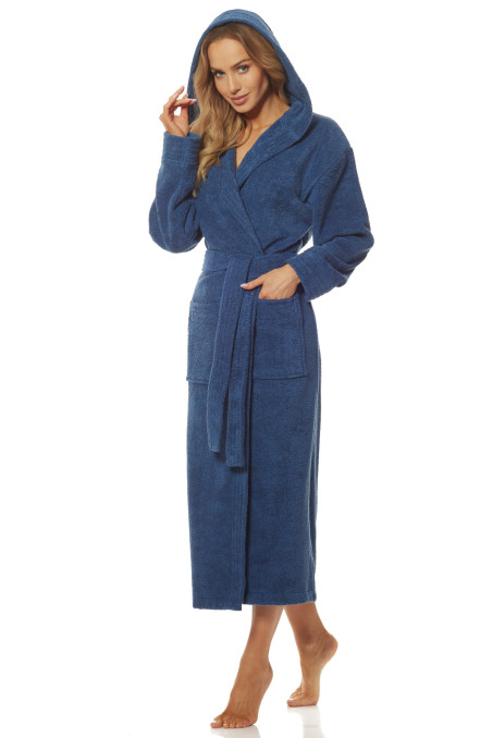 Жіночий довгий махровий халат з капюшоном L&L 2102 Frotte Navy