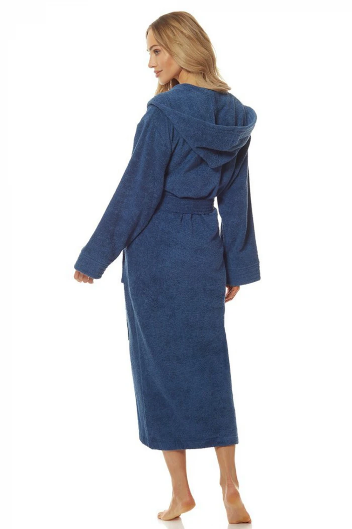 Жіночий довгий махровий халат з капюшоном L&L 2102 Frotte Navy