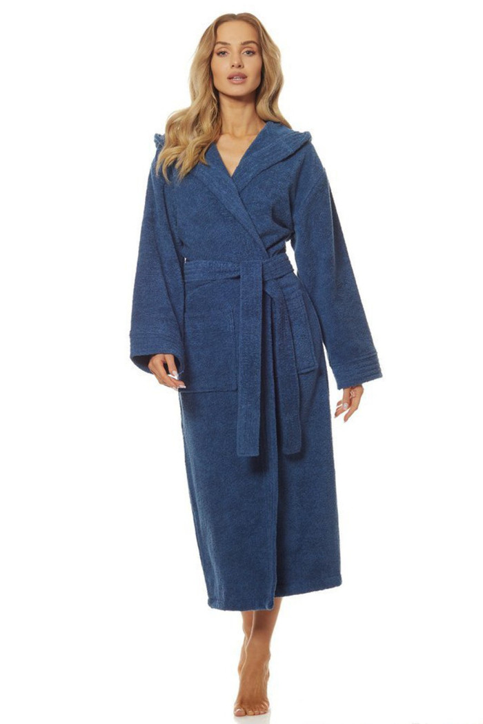 Жіночий довгий махровий халат з капюшоном L&L 2102 Frotte Navy