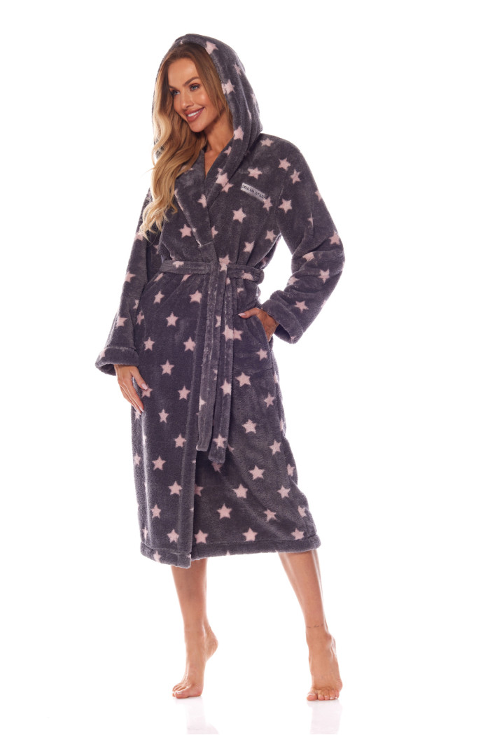 Женский длинный теплый халат со звездами L&L 2135 Ds Grafit