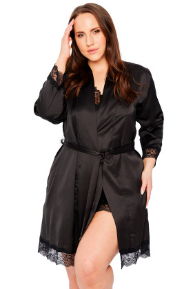 Халат сатиновый большого размера Mona Satin Robe Lace Black
