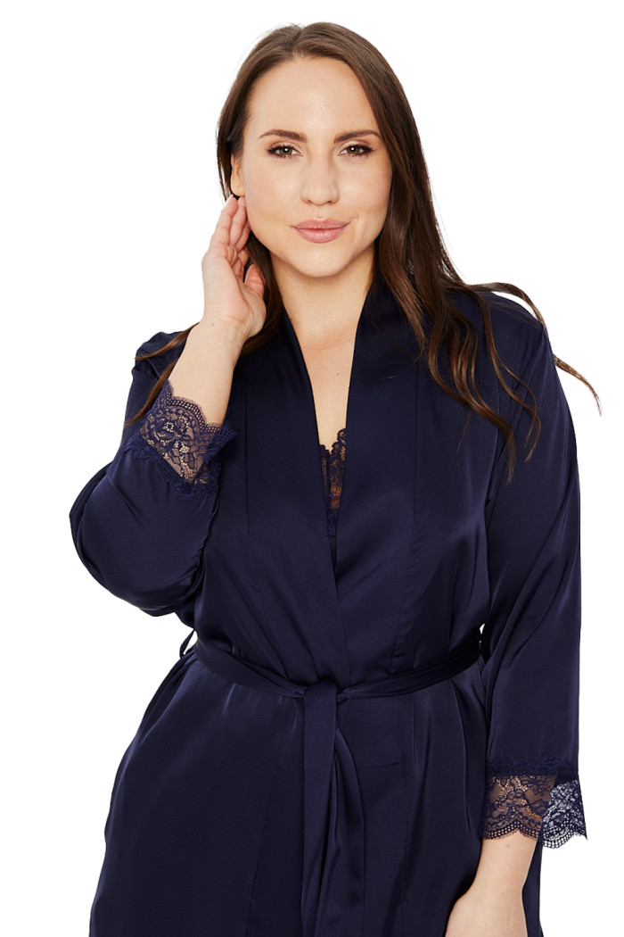 Халат сатиновий великого розміру Mona Satin Robe Lace Navy Blue