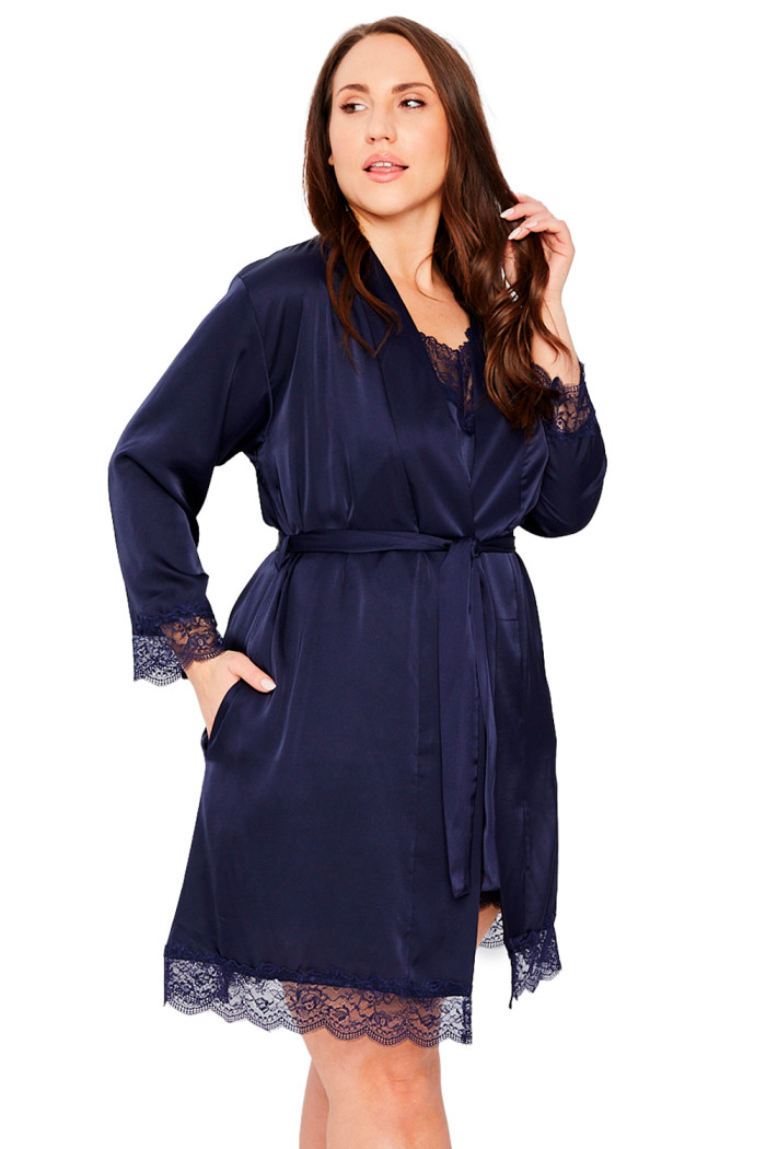 Халат сатиновый большого размера Mona Satin Robe Navy Blue