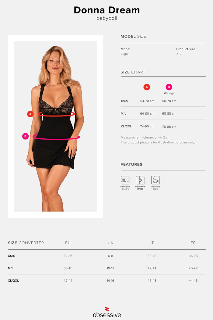 Комбінація з мереживним ліфом Obsessive Donna Dream babydoll