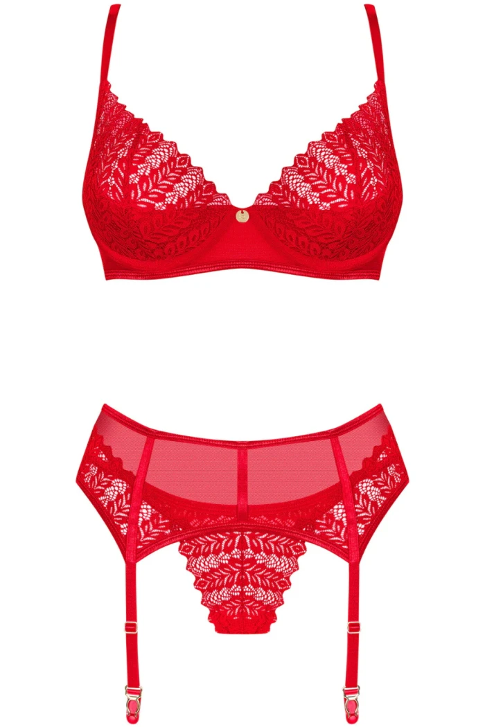 Комплект белья красный с поясом для чулок Obsessive Ingridia garter belt set